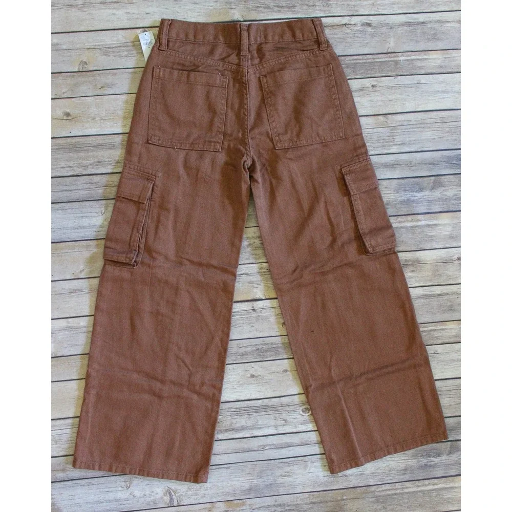 Old Navy Cargo Pants Girls Size 12 Brown Denim Wide Leg High Waisted Utility
